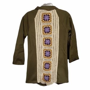 Earthbound Crochet Granny Square Military Olive Green Lightweight Jacket Size S